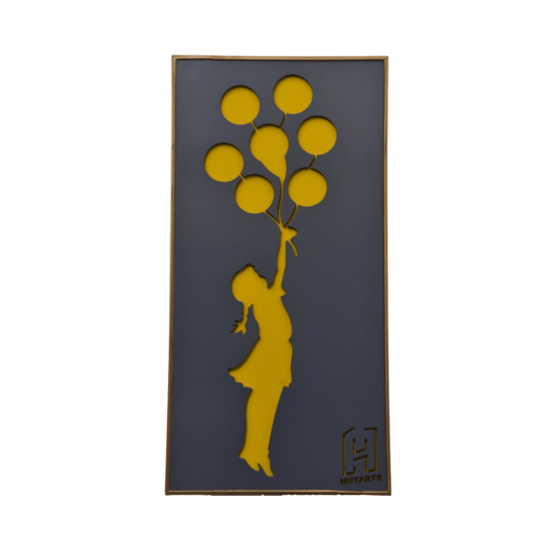 Grey and yellow flying girl with balloon wall hanging Scenery By Hutarts