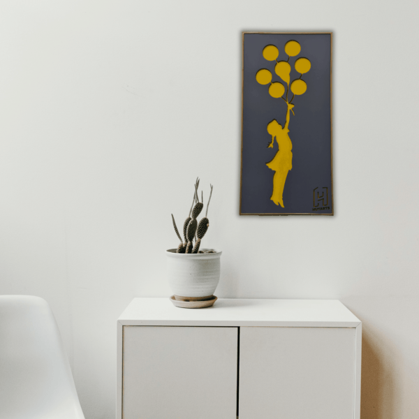 Grey and Yellow Flying Girl with Balloon Wall Hanging Scenery by Hut Arts