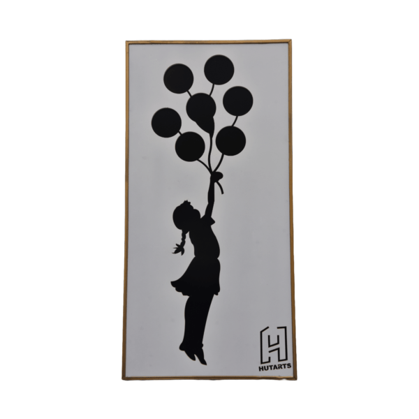 White and Black Flying girl with balloons wall hanging Scenery By Hutarts