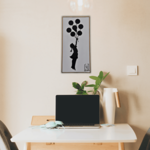 White and Black Flying Girl with Balloons Wall Hanging Scenery by Hut Arts