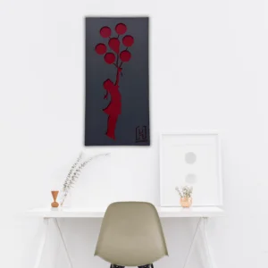 Buy Grey and Red Flying Girl with Balloon Wall Hanging Scenery by Hut Arts